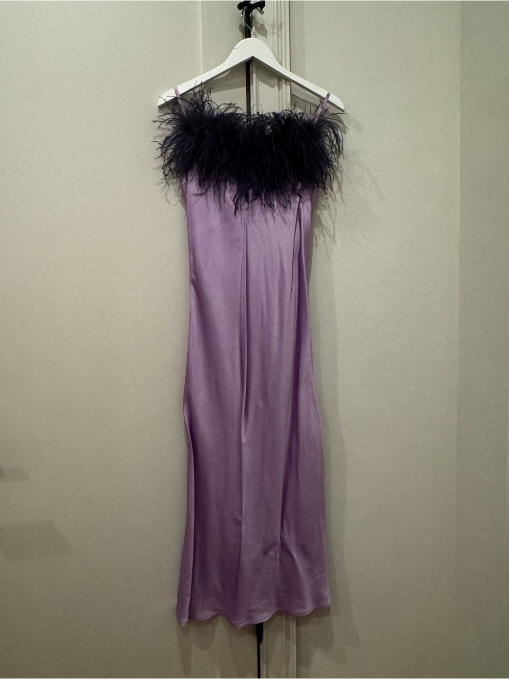Sleeper Lavender Satin Slip Dress Black Feather Trim S